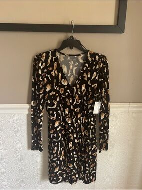NWT Nine West Black and Brown Leopard-Print Long Sleeve Wrap Dress Size Small